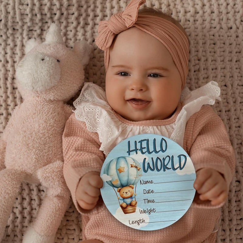 CLHHM Baby Announcement Sign, Blue Bear Hot Air Balloon Hello World Newborn Sign, Baby Shower Decorations, 6 Inch Wooden Nursery Decor Gift for Boys Girls, Birth Name Plaque - Image 5